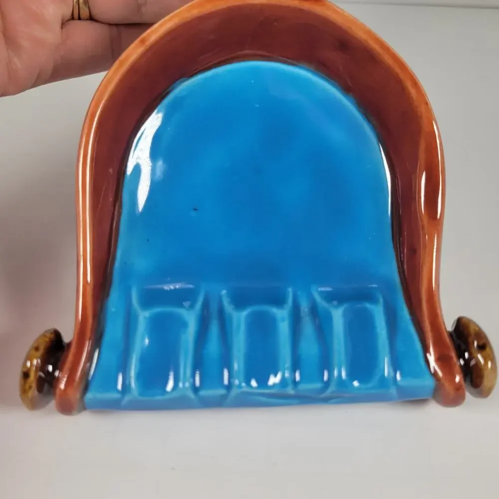 Spur Ashtray with Handle, Mid-Century Modern Farmhouse Vintage Blue and Brown